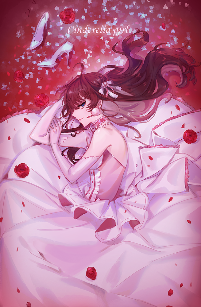 1girl ahoge blue_eyes brown_hair commentary_request dress elbow_gloves flower gloves hado_(gjdlsxor1) hair_ribbon high_heels ichinose_shiki idolmaster idolmaster_cinderella_girls idolmaster_cinderella_girls_starlight_stage long_dress long_hair petals pink_dress red_flower red_rose ribbon rose rose_petals shoes_removed solo