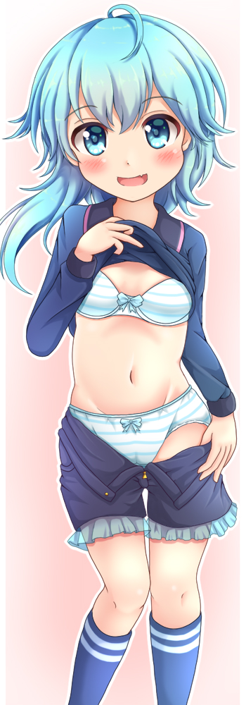 1girl asymmetrical_hair blouse blue_blouse blue_bra blue_eyes blue_hair blue_neckwear blue_panties blue_shorts blush bra eyebrows_visible_through_hair frilled_shorts frills kantai_collection kneehighs long_sleeves looking_at_viewer minazuki_(kantai_collection) open_mouth panties pink_background school_uniform serafuku shirt_pull shiruzu_(sk10102194) short_hair_with_long_locks shorts shorts_pull solo underwear undressing