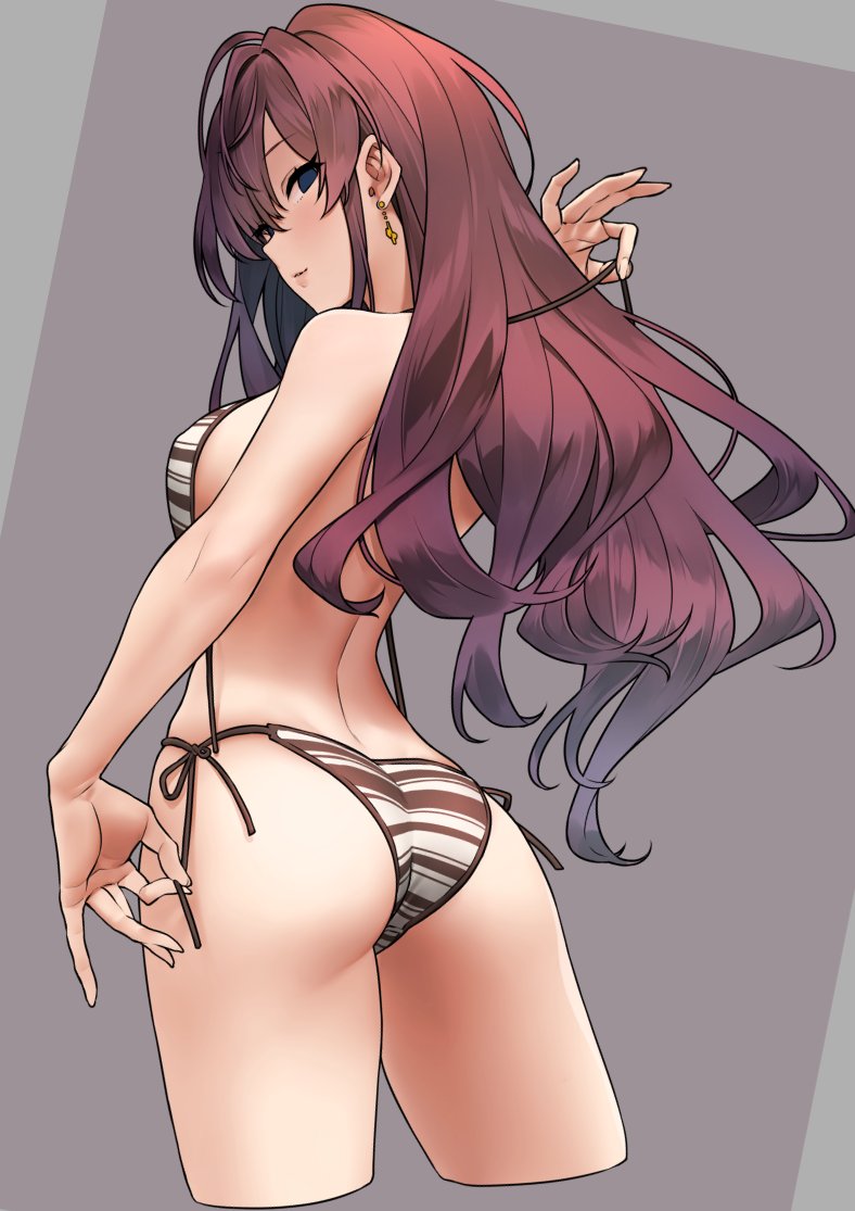 1girl ahoge ass back baffu bangs bare_shoulders bikini blue_eyes blush breasts brown_bikini brown_hair earrings grey_background hair_between_eyes hips ichinose_shiki idolmaster idolmaster_cinderella_girls jewelry long_hair looking_at_viewer looking_back medium_breasts parted_lips simple_background solo striped striped_bikini swimsuit thighs untied untied_bikini untying wavy_hair