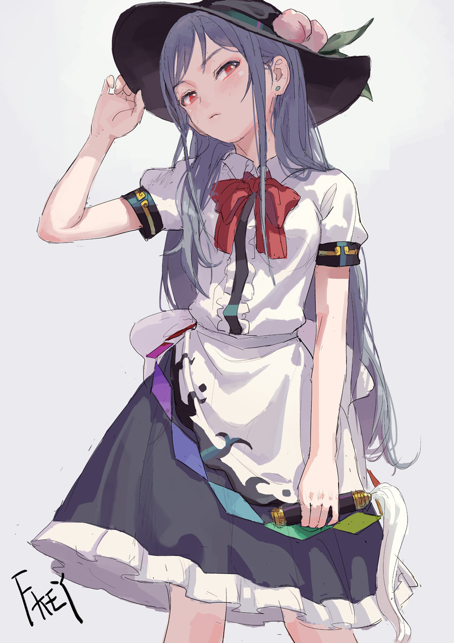 1girl artist_name black_hat blouse blue_hair blush bow bowtie center_frills chinese_commentary commentary_request ear_piercing feet_out_of_frame fkey food fruit grey_background grey_skirt hand_on_headwear hand_up hat highres hinanawi_tenshi holding leaf long_hair looking_at_viewer peach petticoat piercing puffy_short_sleeves puffy_sleeves red_bow red_eyes red_neckwear short_sleeves signature simple_background skirt solo standing sword_hilt sword_of_hisou touhou white_blouse wing_collar