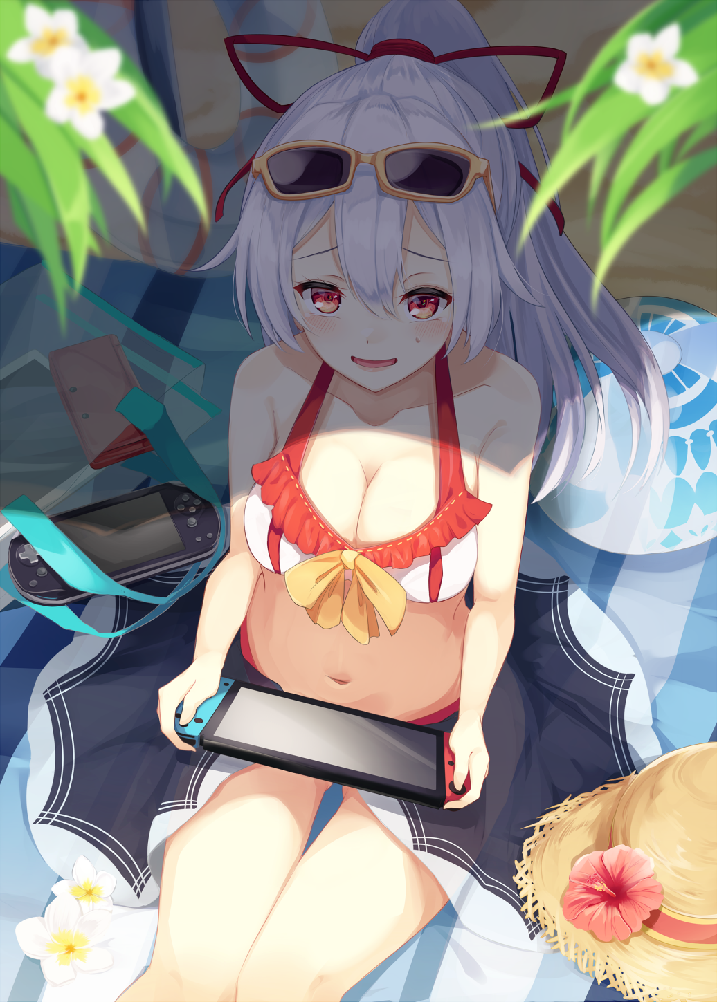 1girl bag ball bare_arms bare_shoulders beachball bikini blurry_foreground blush bow breasts cleavage collarbone commentary_request eyewear_on_head fate/grand_order fate_(series) feet_out_of_frame flower from_above gluteal_fold hair_between_eyes hair_ribbon handheld_game_console hat highres holding igakusei innertube large_breasts looking_at_viewer looking_up navel nintendo_3ds nintendo_switch open_mouth playstation_vita ponytail red_eyes red_ribbon revision ribbon sarong see-through shadow silver_hair sitting smile solo stomach sun_hat sunglasses sweat swimsuit tablet_pc thighs tomoe_gozen_(fate/grand_order) umbrella white_bikini white_flower yellow-framed_eyewear yellow_bow