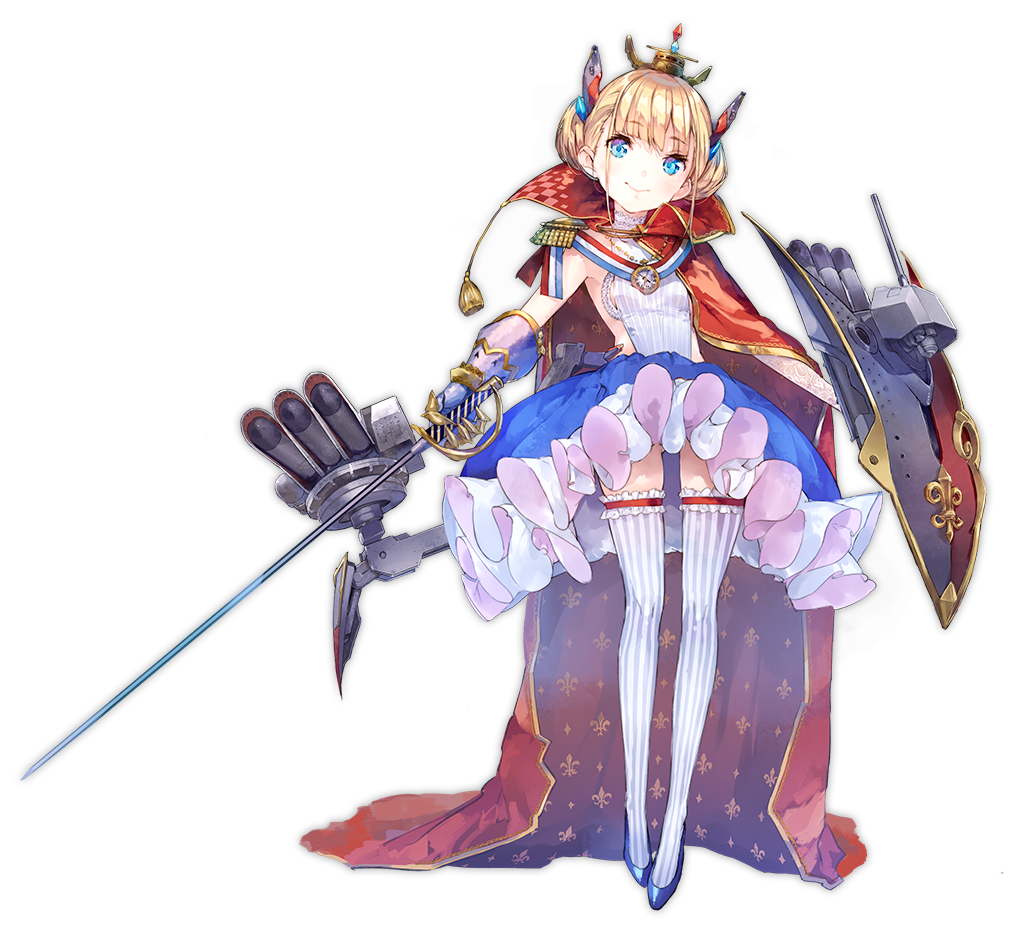 1girl armpits azur_lane bangs blonde_hair blue_eyes blunt_bangs breasts cannon cape collar epaulettes eyebrows_visible_through_hair fleur_de_lis french_flag full_body garters gauntlets gloves hair_ornament head_tilt headgear high_heels holding holding_weapon le_triomphant_(azur_lane) looking_at_viewer machinery metal_gloves official_art pleated_skirt shield short_hair sidelocks skirt small_breasts smile solo standing striped striped_legwear sword tassel thigh-highs torpedo transparent_background turret unsheathed vertical-striped_legwear vertical_stripes weapon yuugen