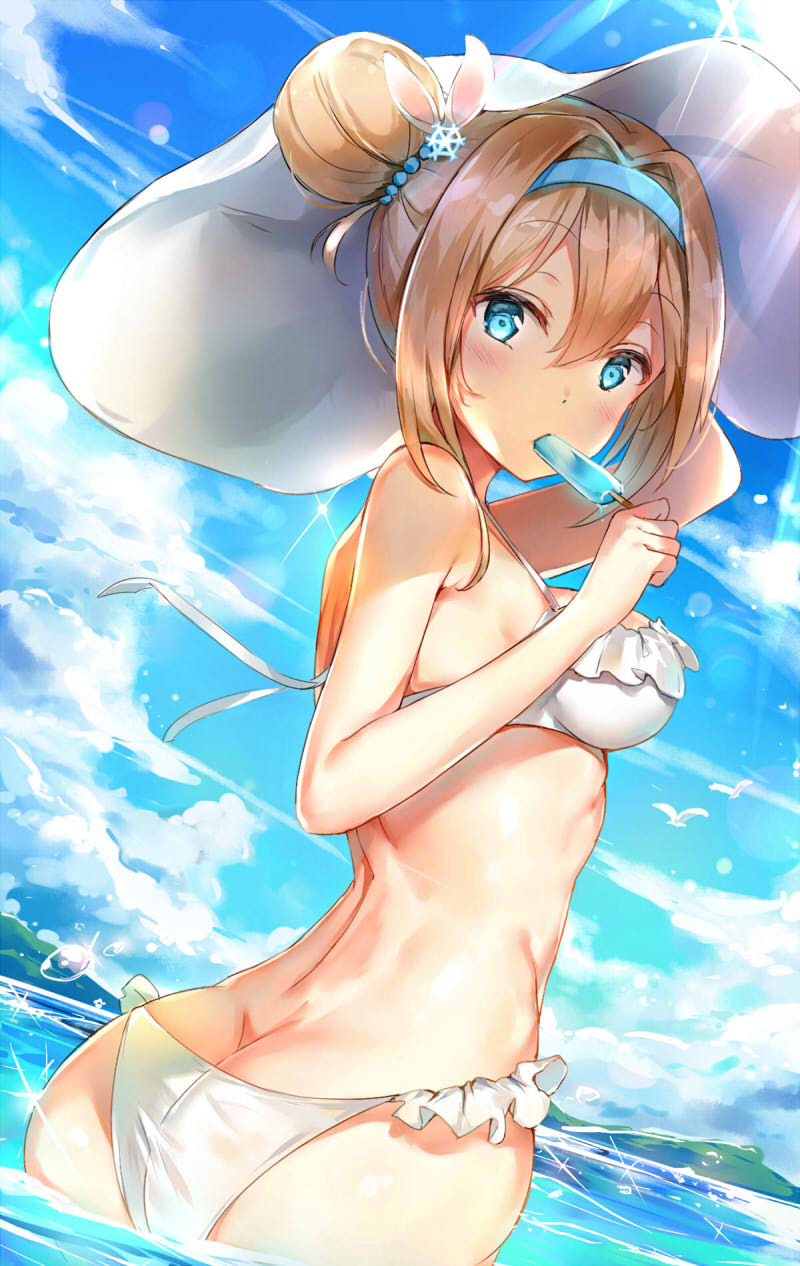 1girl animal_ears ass back bangs bikini blue_hairband breasts brown_hair butt_crack clouds commentary_request day eating eyebrows_visible_through_hair food ginn_(hzh770121) girls_frontline hair_between_eyes hair_bun hair_intakes hair_ornament hairband hand_on_headwear hat highres looking_at_viewer looking_back medium_breasts outdoors popsicle rabbit_ears sidelocks snowflake_hair_ornament solo suomi_kp31_(girls_frontline) swimsuit wading water white_bikini white_hat