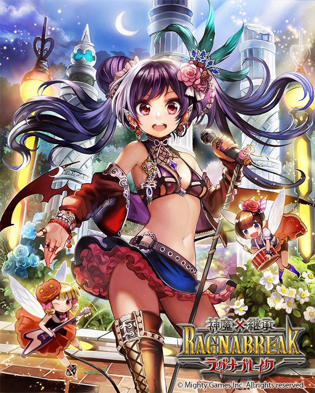 1girl :d ;) belt blonde_hair boots breasts brown_footwear brown_hair column copyright_name crescent_moon double_bun drum fairy feathers flower food_themed_hair_ornament guitar hair_feathers hair_flower hair_ornament holding holding_microphone instrument jewelry long_hair looking_at_viewer microphone moon nail_polish navel night official_art one_eye_closed open_mouth outstretched_hand pillar pink_eyes pumpkin_hair_ornament purple_hair purple_nails ring shinma_x_keishou!_ragnabreak skirt small_breasts smile solo standing taku_(fishdrive) thigh-highs thigh_boots twintails watermark white_hair wings