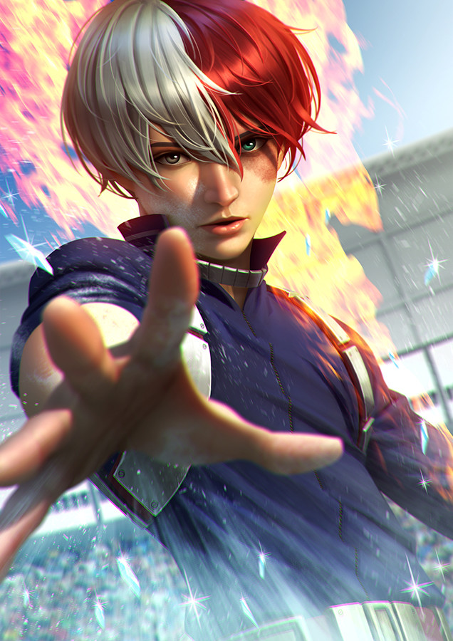 1boy boku_no_hero_academia burn_scar facing_viewer fire hair_between_eyes heterochromia ice looking_at_viewer multicolored_hair outdoors outstretched_hand rafael_de_guzman redhead scar short_hair stadium todoroki_shouto two-tone_hair u.a._gym_uniform white_hair