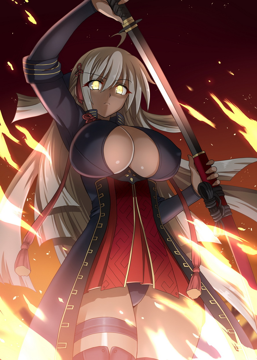 1girl ahoge black_panties breasts cleavage cleavage_cutout dark_skin dress fate/grand_order fate_(series) fire flame glowing glowing_eyes hair_between_eyes hellandheaven highres hips holding holding_weapon katana large_breasts long_hair okita_souji_(alter)_(fate) okita_souji_(fate)_(all) panties red_dress sheath solo sword thigh_strap thighs underwear unsheathing very_long_hair weapon white_hair yellow_eyes