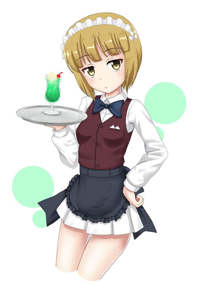 1girl apron bangs bartender black_apron black_neckwear blonde_hair blunt_bangs bow bowtie brown_vest circle closed_mouth commentary cowboy_shot cropped_legs cutlass_(girls_und_panzer) dress_shirt dutch_angle eyebrows_visible_through_hair flipper frilled_apron frills frown girls_und_panzer hand_on_hip handkerchief holding holding_tray leaning_forward long_sleeves looking_at_viewer maid_headdress miniskirt pleated_skirt school_uniform shirt short_hair simple_background skirt solo standing tray vest waist_apron white_background white_shirt white_skirt wing_collar yellow_eyes