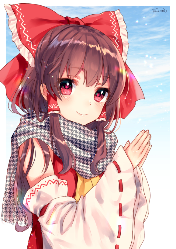 1girl artist_name ascot bare_shoulders blue_sky blush brown_hair clouds commentary_request day detached_sleeves eyebrows_visible_through_hair gradient gradient_background hair_tubes hakurei_reimu long_hair long_sleeves looking_at_viewer nunucco own_hands_together palms_together red_eyes ribbon-trimmed_sleeves ribbon_trim scarf sidelocks signature sky smile solo touhou unmoving_pattern upper_body white_background wide_sleeves yellow_neckwear