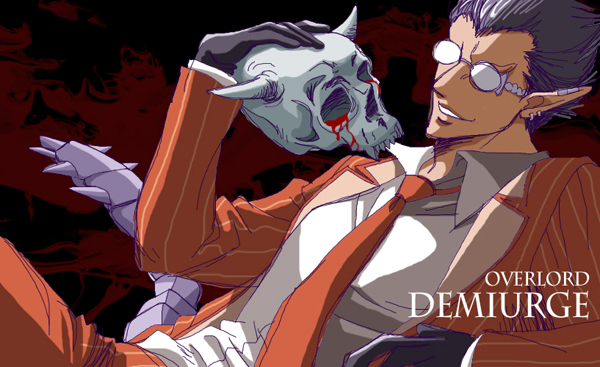 1boy black_gloves black_hair blood character_name copyright_name demiurge earrings formal glasses gloves grin hair_slicked_back jewelry k-ta male_focus necktie overlord_(maruyama) pinstripe_suit pointy_ears red_neckwear red_suit skull smile striped suit tail