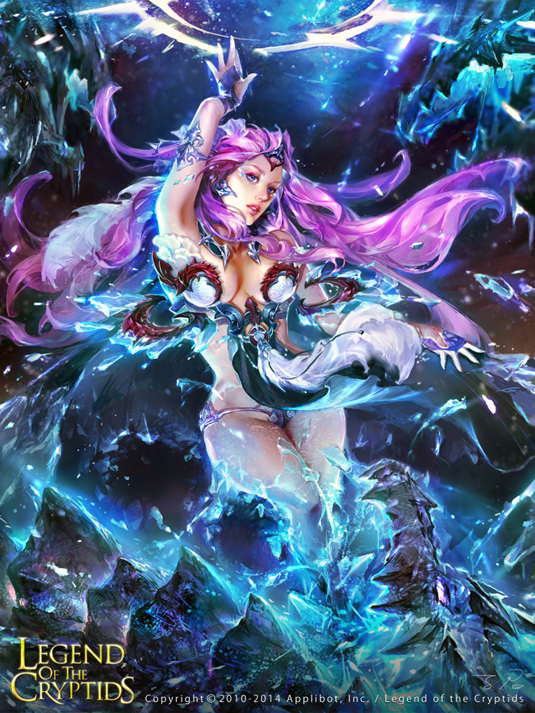 1girl artist_name bare_shoulders blue_eyes breasts cleavage copyright_name dragon fur_trim ice jewelry legend_of_the_cryptids long_hair necklace official_art open_mouth pink_hair sitting solo teeth thigh-highs zinnadu