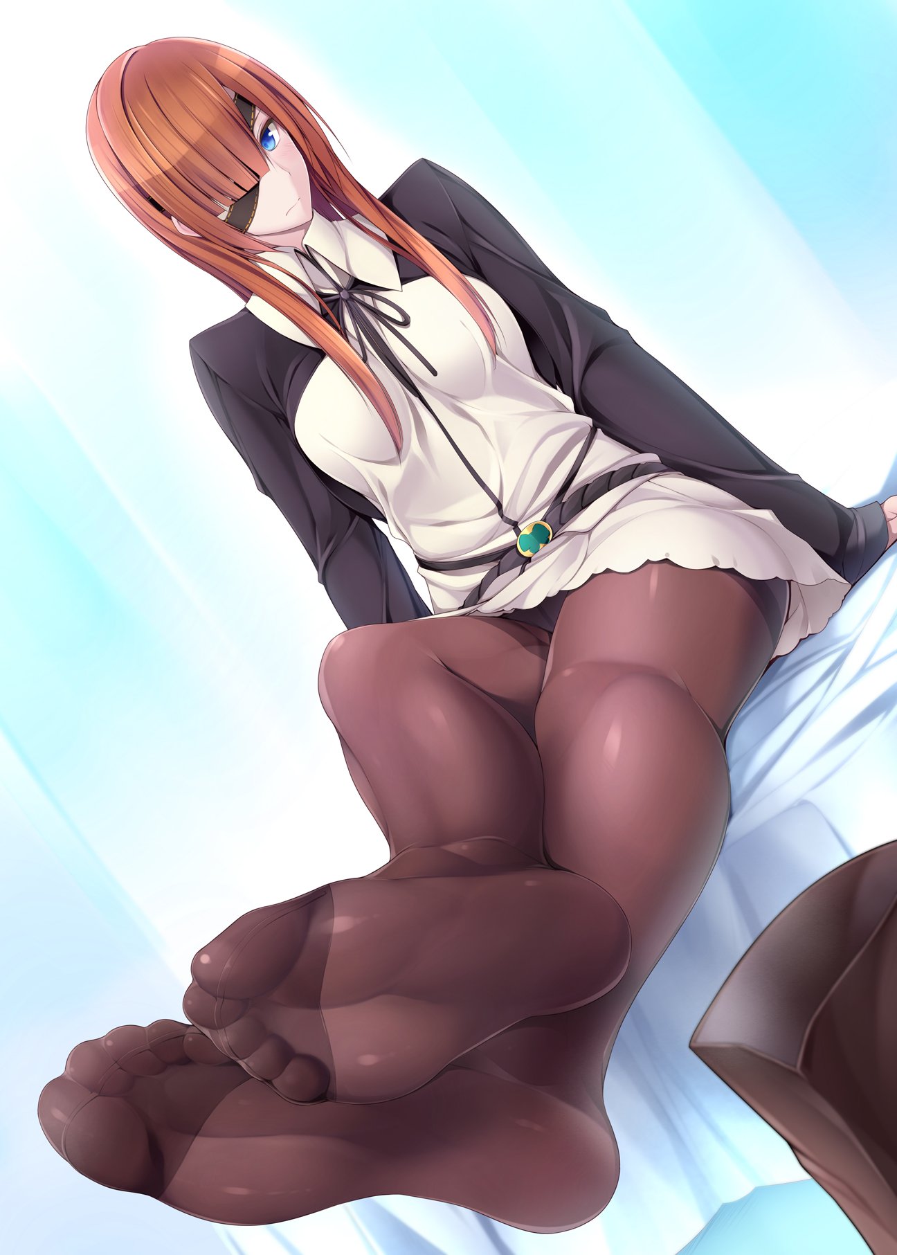1girl arms_at_sides bangs bed bed_sheet black_panties black_ribbon blue_eyes blunt_bangs blush breasts brown_hair brown_legwear closed_mouth collared_shirt commentary_request crotch_seam eyepatch fate/grand_order fate_(series) feet full_body hair_over_one_eye highres hips indoors legs legs_crossed legs_together long_hair long_sleeves looking_at_viewer medium_breasts naturalton neck_ribbon no_shoes on_bed ophelia_phamrsolone panties panties_under_pantyhose pantyhose pantyshot pantyshot_(sitting) pov_feet ribbon shirt shrug_(clothing) sidelocks sitting sitting_on_bed skirt sleeves_past_fingers sleeves_past_wrists soles solo straight_hair thighband_pantyhose toes underwear upskirt white_panties white_shirt white_skirt wing_collar