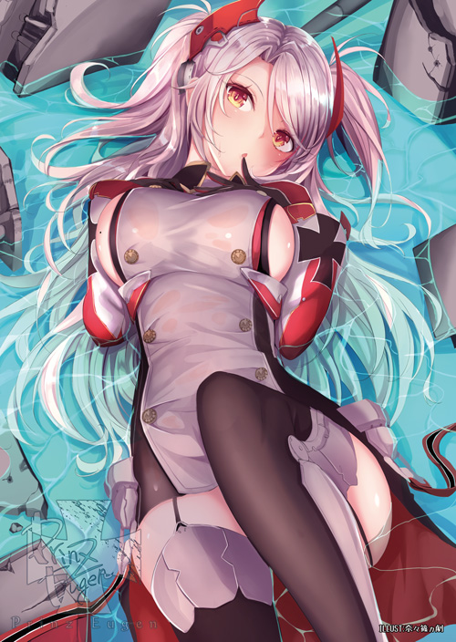 1girl :o antenna_hair azur_lane bangs black_legwear blush breasts brown_eyes damaged eyebrows_visible_through_hair finger_to_mouth garter_straps gloves hair_between_eyes iron_cross knee_up large_breasts long_hair looking_at_viewer lying machinery mole mole_on_breast multicolored_hair on_back open_mouth partially_submerged prinz_eugen_(azur_lane) redhead rigging sideboob sidelocks silver_hair solo streaked_hair swept_bangs tamanotsuyu thigh-highs thighs two_side_up very_long_hair water