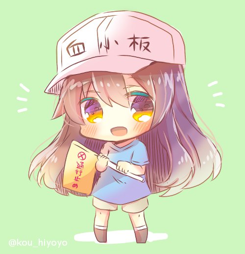 1girl :d black_footwear blue_shirt blush brown_eyes brown_hair brown_shorts character_name chibi clothes_writing commentary_request flag flat_cap full_body green_background grey_hat hat hataraku_saibou holding holding_flag kouu_hiyoyo long_hair looking_at_viewer open_mouth platelet_(hataraku_saibou) shirt short_shorts short_sleeves shorts smile solo standing twitter_username very_long_hair