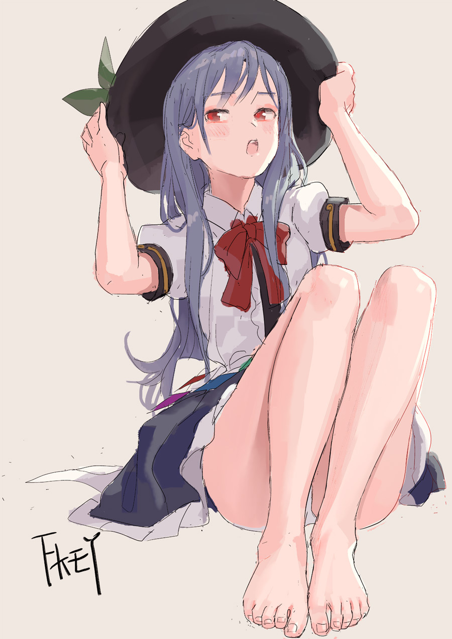 1girl artist_name ass bare_legs barefoot beige_background black_hat blouse blue_hair blush bow bowtie center_frills chinese_commentary commentary_request fkey full_body grey_skirt hands_on_headwear hands_up hat highres hinanawi_tenshi knees_up leaf looking_at_viewer open_mouth panties pantyshot pantyshot_(sitting) petticoat puffy_short_sleeves puffy_sleeves red_bow red_eyes red_neckwear short_sleeves signature simple_background sitting skirt solo thighs touhou underwear white_blouse white_panties wing_collar