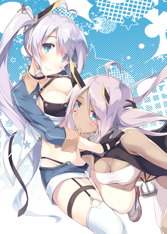 2girls azur_lane bare_shoulders bikini bikini_under_clothes black_bikini black_gloves blue_eyes blue_shorts blush breasts cleavage closed_mouth dark_skin eyebrows_visible_through_hair eyes_visible_through_hair facial_mark garter_straps gloves groin heart heart-shaped_pupils indianapolis_(azur_lane) itoichi. long_hair medium_breasts multiple_girls open_fly partly_fingerless_gloves portland_(azur_lane) purple_hair remodel_(azur_lane) short_shorts shorts side_ponytail silver_hair sleeves_past_elbows smile star star_print swimsuit symbol-shaped_pupils thigh-highs thigh_strap white_legwear