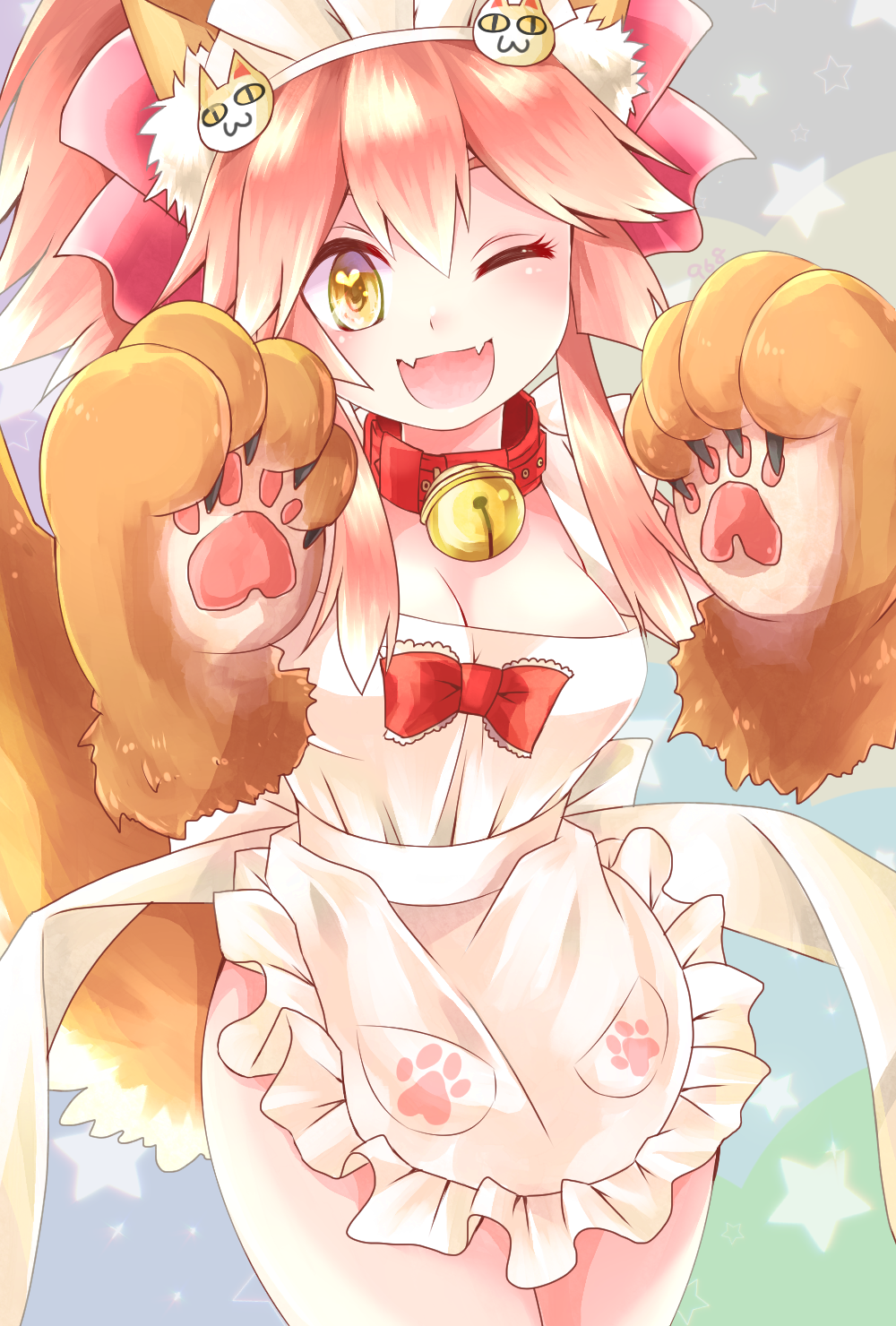 1girl animal_ears apron bell bell_collar blush breasts cat_hair_ornament cat_paws cleavage collar fangs fate/grand_order fate_(series) fox_ears fox_tail gloves hair_ornament hair_ribbon heart heart-shaped_pupils highres jingle_bell large_breasts long_hair looking_at_viewer maid_headdress naked_apron one_eye_closed open_mouth paw_gloves paws pink_hair ponytail red_ribbon ribbon solo symbol-shaped_pupils tail tamamo_(fate)_(all) tamamo_cat_(fate) wagahaihapan yellow_eyes