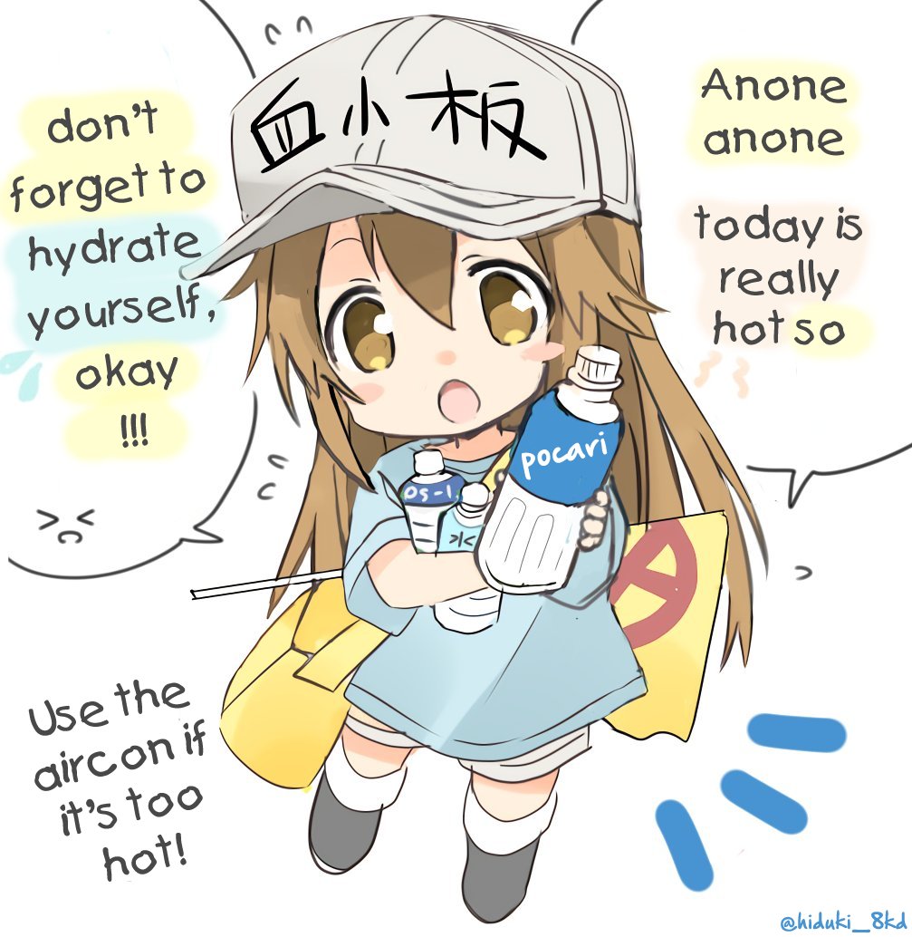 &gt;_&lt; 1girl :o bag bangs black_footwear blue_shirt blush_stickers boots bottle brown_eyes brown_hair brown_shorts character_name chibi closed_eyes clothes_writing english eyebrows_visible_through_hair flag flat_cap flying_sweatdrops grey_hat hair_between_eyes hat hataraku_saibou head_tilt hizuki_yayoi holding holding_bottle long_hair object_hug open_mouth outstretched_arm platelet_(hataraku_saibou) pocari_sweat romaji shirt short_sleeves shorts shoulder_bag solo standing very_long_hair water_bottle white_background