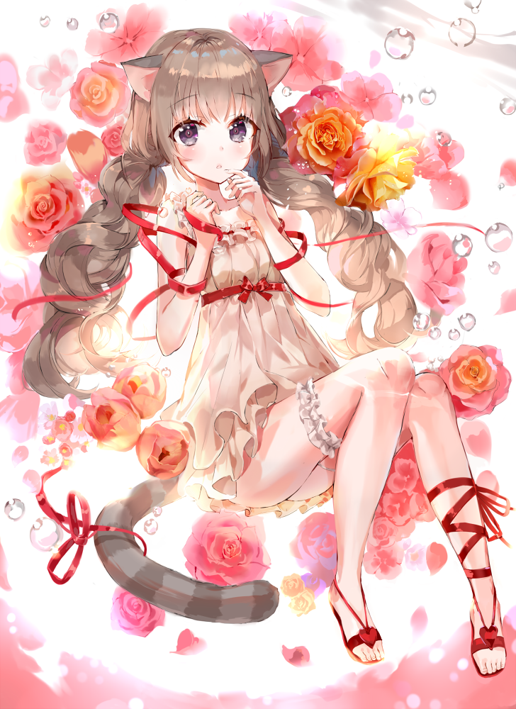 1girl animal_ears b_rock brown_hair cat_ears cat_tail commentary commission dress english_commentary floating flower full_body grey_dress grey_eyes hands_up leg_garter long_hair looking_at_viewer orange_flower orange_rose original parted_lips red_flower red_footwear red_rose rose sandals short_dress sleeveless sleeveless_dress solo striped_tail tail twintails