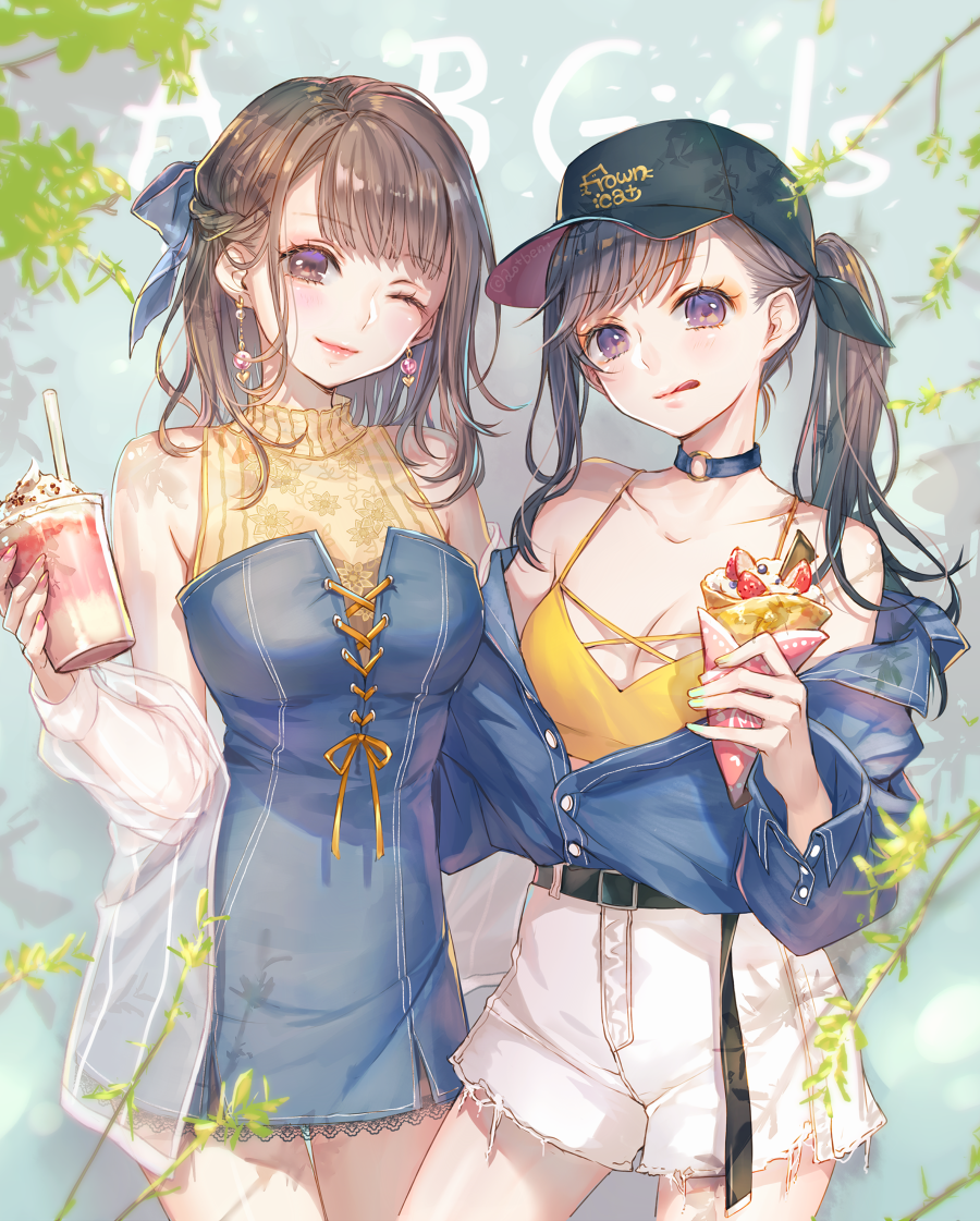 2girls :q ao+beni asymmetrical_bangs bangs bare_shoulders baseball_cap belt_buckle black_belt black_hat blue_choker blue_dress blue_jacket blue_ribbon blurry blush braid branch breasts brown_eyes brown_hair buckle buttons camisole choker cleavage closed_mouth collarbone commentary_request cowboy_shot crepe crop_top cup dappled_sunlight depth_of_field dessert dress drinking_straw earrings eyebrows_visible_through_hair fingernails floral_print food french_braid hair_ribbon hat head_tilt holding holding_cup holding_food jacket jewelry leaf legs_apart legs_together long_hair long_sleeves looking_at_viewer medium_breasts multiple_girls o-ring o-ring_choker off_shoulder one_eye_closed original partially_unbuttoned ponytail print_shirt ribbon see-through shadow shirt short_dress shorts sleeveless sleeveless_shirt smile standing strapless strapless_dress sunlight swept_bangs tongue tongue_out violet_eyes white_shorts yellow_camisole yellow_shirt