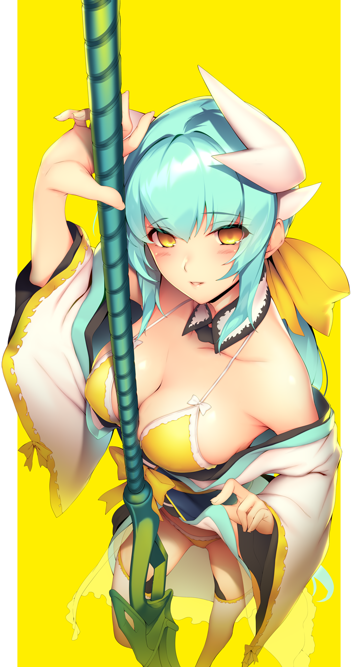 1girl alternate_costume aqua_hair beach bikini blue_bikini bow breasts cleavage collarbone detached_collar dragon_girl dragon_horns eyebrows_visible_through_hair fate/grand_order fate_(series) frilled_bikini frills from_above highres horns japanese_clothes kiyohime_(fate/grand_order) kiyohime_(swimsuit_lancer)_(fate) lifted_by_self lips looking_at_viewer open_mouth ribbon ryuji_(ikeriu) simple_background swimsuit thigh-highs white_legwear wide_sleeves yellow_bikini yellow_bow yellow_eyes yellow_ribbon