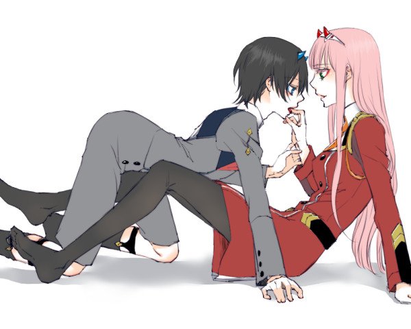 1boy 1girl all_fours bangs black_hair black_legwear blue_eyes blue_horns boots breasts commentary_request couple darling_in_the_franxx eyebrows_visible_through_hair face-to-face facing_another finger_to_mouth forehead-to-forehead green_eyes hair_ornament hairband hetero hiro_(darling_in_the_franxx) horns long_hair long_sleeves looking_at_another medium_breasts military military_uniform necktie no_shoes oni_horns orange_neckwear pantyhose pink_hair red_horns red_neckwear sakuragouti short_hair sitting socks uniform white_footwear white_hairband zero_two_(darling_in_the_franxx)