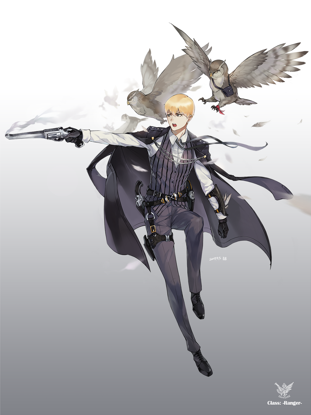 1boy aliceblue bird blonde_hair formal gloves gun handgun highres holster holstered_weapon male_focus open_mouth owl revolver short_hair solo suit tagme weapon