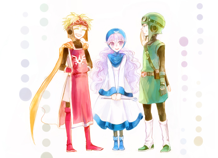 1girl alternate_color blonde_hair bodysuit boots cape commentary_request curly_hair dragon_quest dragon_quest_ii goggles goggles_on_head goggles_on_headwear hat high_heel_boots high_heels hood hood_up kuzumosu long_hair long_sleeves multiple_boys prince_of_lorasia prince_of_samantoria princess_of_moonbrook short_hair spiky_hair white_robe