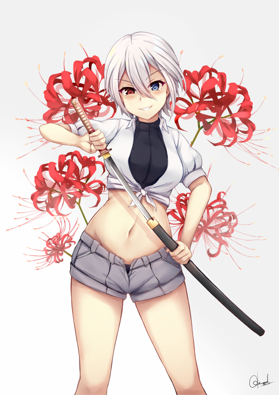 1girl bangs blue_eyes blush chrisandita commentary english_commentary eyebrows_visible_through_hair flower grey_background grey_shorts grin hair_between_eyes heterochromia holding holding_sheath holding_sword holding_weapon katana looking_at_viewer midriff navel original puffy_short_sleeves puffy_sleeves red_eyes red_flower sheath shirt short_shorts short_sleeves shorts signature simple_background smile solo sword tied_shirt unsheathing v-shaped_eyebrows weapon white_shirt