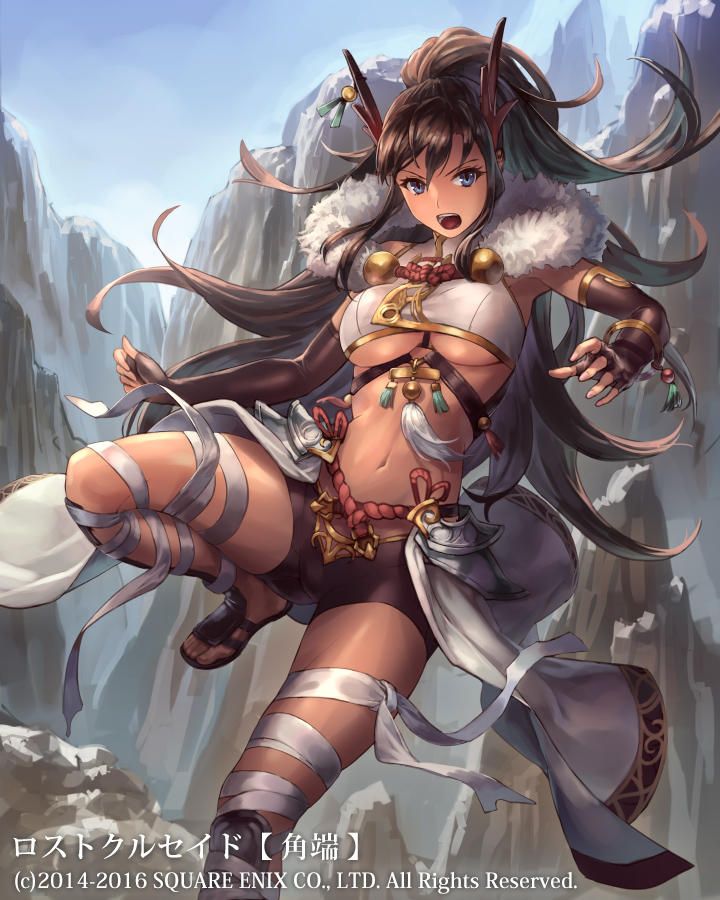 1girl armor bikini_armor black_hair blue_eyes breasts copyright_name crop_top cuboon large_breasts long_hair looking_at_viewer lost_crusade midriff navel official_art open_mouth shorts solo square_enix under_boob very_long_hair