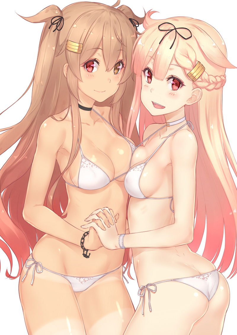 2girls ass bikini bikini_tan braid breasts brown_eyes brown_hair choker cowboy_shot dan_(kumadan) fangs hair_flaps hair_ornament hair_ribbon hairclip hand_holding heterochromia interlocked_fingers kantai_collection long_hair looking_at_viewer medium_breasts multiple_girls murasame_(kantai_collection) navel red_eyes remodel_(kantai_collection) ribbon side-tie_bikini simple_background strap_gap swimsuit tan tanline two_side_up white_background white_bikini yuudachi_(kantai_collection)