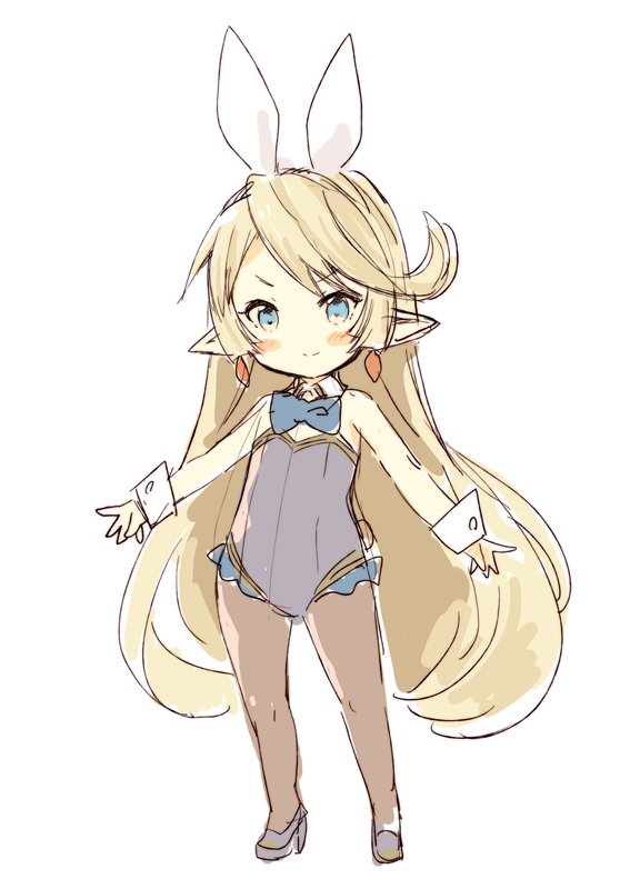 1girl bangs bare_shoulders black_footwear blonde_hair blue_eyes blue_neckwear blush_stickers bow bowtie brown_legwear charlotta_fenia closed_mouth detached_collar earrings eyebrows_visible_through_hair full_body granblue_fantasy grey_leotard hair_ribbon harvin high_heels jewelry leotard long_hair meito_(maze) pantyhose pointy_ears ribbon shoes simple_background sketch smile solo stamp strapless strapless_leotard v-shaped_eyebrows very_long_hair white_background white_collar white_ribbon wrist_cuffs