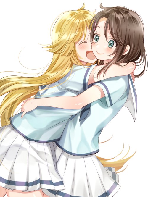 2girls :d ^_^ ahoge bang_dream! black_hair blonde_hair blue_eyes blue_neckwear blue_shirt blush closed_eyes closed_eyes commentary_request eyebrows_visible_through_hair hair_ornament hairclip hanasakigawa_school_uniform hug ito22oji long_hair multiple_girls neckerchief okusawa_misaki open_mouth pleated_skirt school_uniform serafuku shirt short_sleeves simple_background skirt smile tsurumaki_kokoro white_background white_skirt yuri