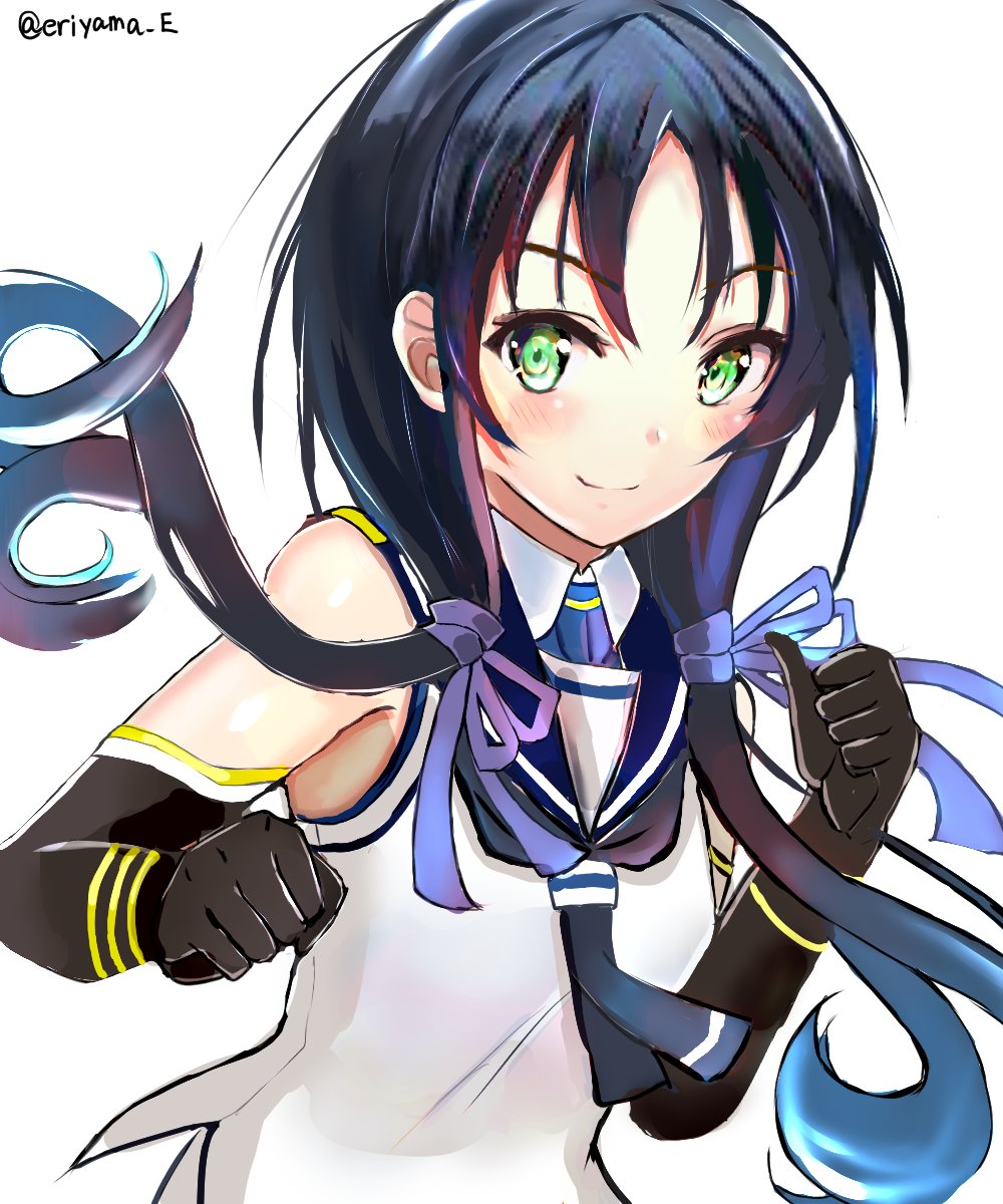 1girl black_gloves blue_hair elbow_gloves eriyama_(user_csua4255) gloves gradient_hair green_eyes hair_ribbon highres kantai_collection long_hair looking_at_viewer low_twintails multicolored_hair ribbon school_uniform serafuku simple_background sleeveless smile solo suzukaze_(kantai_collection) twintails twitter_username upper_body white_background