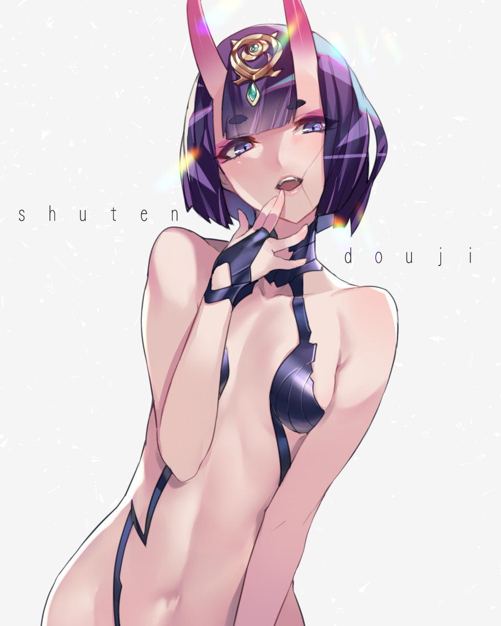 1girl ban bangs bare_arms bare_shoulders black_gloves blue_eyes blunt_bangs bob_cut breasts character_name collarbone commentary_request eyebrows_visible_through_hair eyeshadow fangs fate/grand_order fate_(series) fingerless_gloves fingers_to_mouth gem gloves grey_background hair_ornament hand_up head_tilt headpiece highres jewelry makeup navel oni oni_horns open_mouth pink_lips purple_hair revealing_clothes short_eyebrows short_hair shuten_douji_(fate/grand_order) simple_background small_breasts solo stomach upper_body white_background