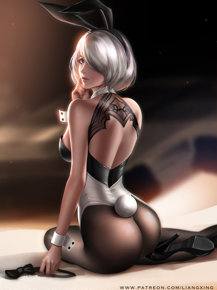 1girl android animal_ears ass back_cutout breasts bunny_tail commentary english_commentary fake_animal_ears from_behind hair_over_one_eye high_heels highleg highleg_leotard leotard liang_xing looking_at_viewer looking_back medium_breasts mole mole_under_mouth nier_(series) nier_automata no_blindfold pantyhose pink_lips rabbit_ears shiny shiny_hair short_hair silver_hair sitting solo tail white_leotard wrist_cuffs yorha_no._2_type_b