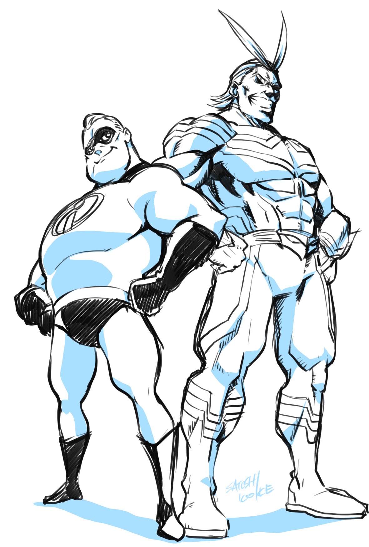 2boys all_might antenna_hair bob_parr bodysuit boku_no_hero_academia boots crossover domino_mask full_body gloves grin hands_on_hips highres koike_satoshi looking_at_viewer male_focus mask multiple_boys muscle shaded_face simple_background sketch smile superhero the_incredibles trait_connection white_background