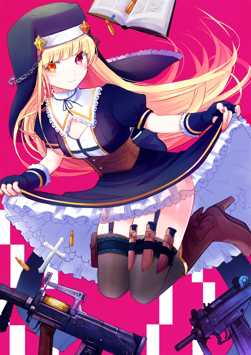 1girl black_dress black_gloves blonde_hair blush book boots braid breasts brown_footwear brown_legwear bullet chains closed_mouth commentary_request corset dress fingerless_gloves fingernails frilled_dress frilled_gloves frills gloves habit heterochromia high_heel_boots high_heels highres holster kashiwaba_en knife knife_holster latin_cross long_hair looking_at_viewer medium_breasts micro_uzi nail_polish nun open_book orange_eyes orange_nails original puffy_short_sleeves puffy_sleeves purple_nails red_eyes short_sleeves skirt_hold smile solo thigh-highs thighhighs_under_boots very_long_hair weapon_request