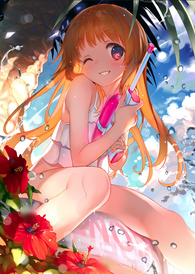 1girl beach bikini_top blonde_hair blush braid clouds commentary_request flower gun hibiscus holding holding_gun holding_weapon innertube long_hair one_eye_closed original palm_tree parted_lips red_eyes sitting sky smile solo summer tatami_to_hinoki tree water_drop water_gun weapon