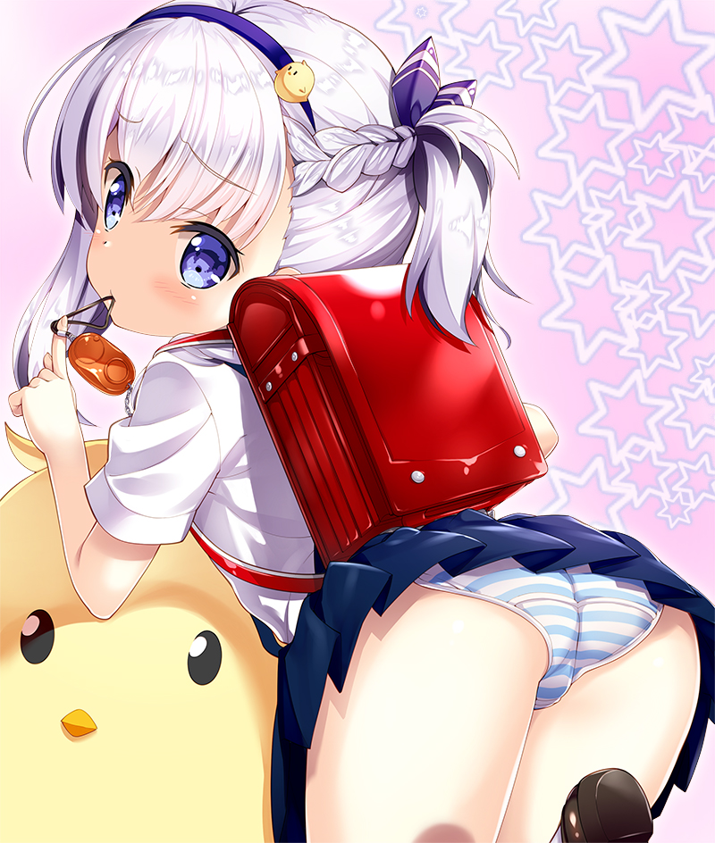 1girl ass azur_lane backpack bag bangs belchan_(azur_lane) belfast_(azur_lane) blue_eyes blue_ribbon blue_skirt blush braid brown_footwear closed_mouth commentary_request crime_prevention_buzzer eyebrows_visible_through_hair fingernails fujima_takuya hair_between_eyes hair_ribbon head_tilt index_finger_raised looking_at_viewer looking_back mouth_hold one_side_up panties pink_background pleated_skirt randoseru revision ribbon shirt shoe_soles shoes short_sleeves silver_hair skirt solo standing standing_on_one_leg star striped striped_panties striped_ribbon underwear white_shirt younger