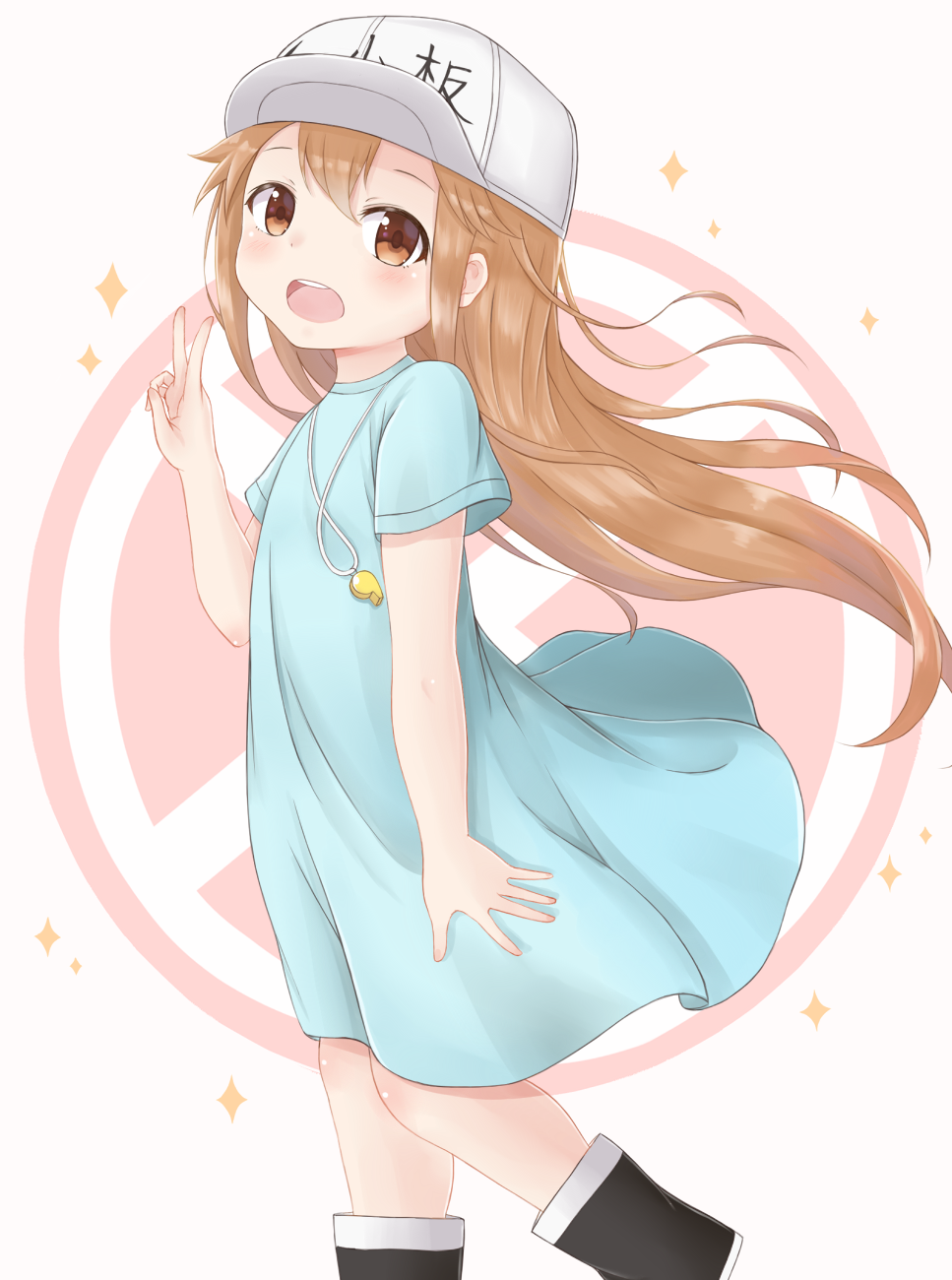1girl :d arm_at_side bangs black_footwear blue_shirt blush boots brown_eyes brown_hair character_name clothes_writing commentary_request flat_cap grey_hat hair_between_eyes hand_up hat hataraku_saibou highres long_hair mentai_mayo open_mouth platelet_(hataraku_saibou) round_teeth shirt short_sleeves smile solo sparkle standing standing_on_one_leg teeth upper_teeth v very_long_hair whistle