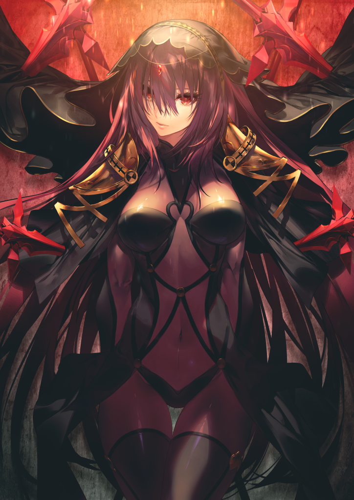 bodysuit breasts covered_navel fate/grand_order fate_(series) gae_bolg kodama_(wa-ka-me) large_breasts long_hair looking_at_viewer pauldrons polearm purple_hair red_eyes scathach_(fate)_(all) scathach_(fate/grand_order) shoulder_armor spear veil very_long_hair weapon