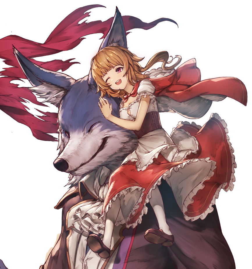 1girl :d animal_head apron ascot bangs blonde_hair brown_jacket character_request frilled_skirt frills granblue_fantasy jacket kotoribako one_eye_closed open_mouth red_eyes red_skirt round_teeth skirt smile teeth transparent_background underbust waist_apron white_apron white_neckwear wolf