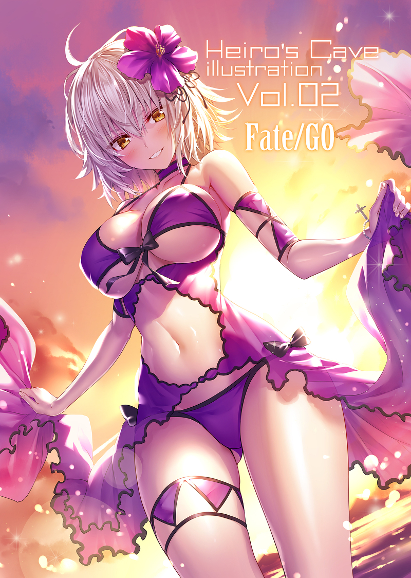 1girl armband bikini blush breasts choker cleavage collarbone cover cover_page cowboy_shot doujin_cover fate/grand_order fate_(series) flower front-tie_bikini front-tie_top grin hair_between_eyes hair_flower hair_ornament halterneck heirou hips jeanne_d'arc_(alter)_(fate) jeanne_d'arc_(fate)_(all) large_breasts leg_garter looking_at_viewer navel navel_cutout outdoors purple_bikini short_hair silver_hair smile solo string_bikini sunset swimsuit thigh_strap thighs v-shaped_eyebrows waist white_hair yellow_eyes