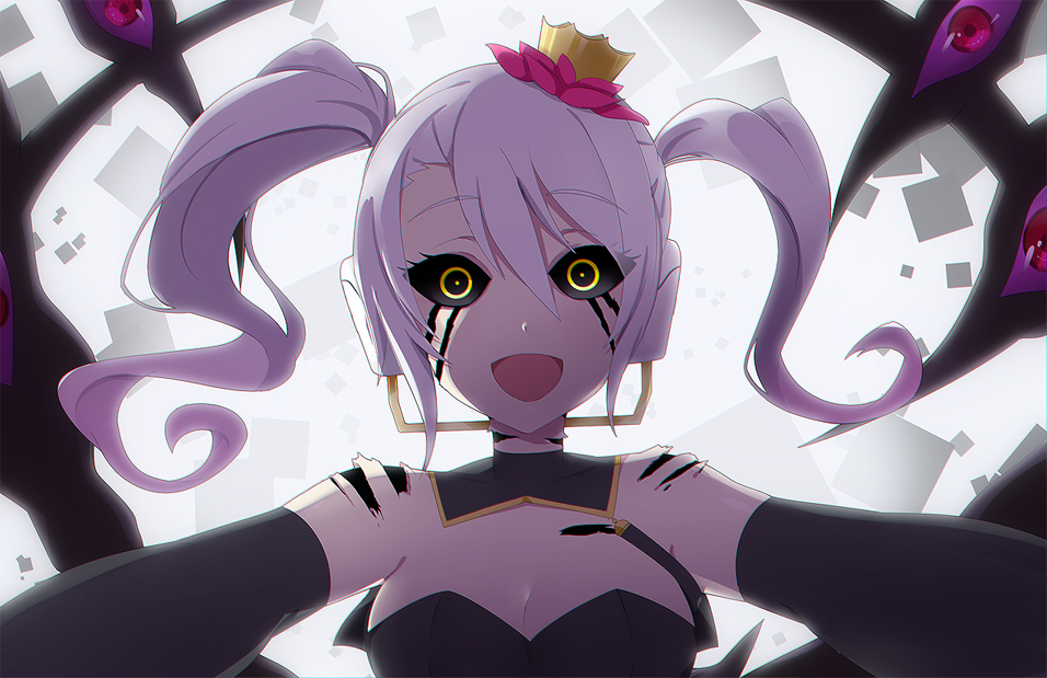 1girl :d black_sclera caligula_(game) cracked_skin crazy_eyes crazy_smile crown dark_persona earphones elbow_gloves extra_eyes eyebrows_visible_through_hair eyes_visible_through_hair gloves mu_(caligula) open_mouth pink_hair shioiri smile solo spoilers torn_skin twintails white_hair yellow_eyes