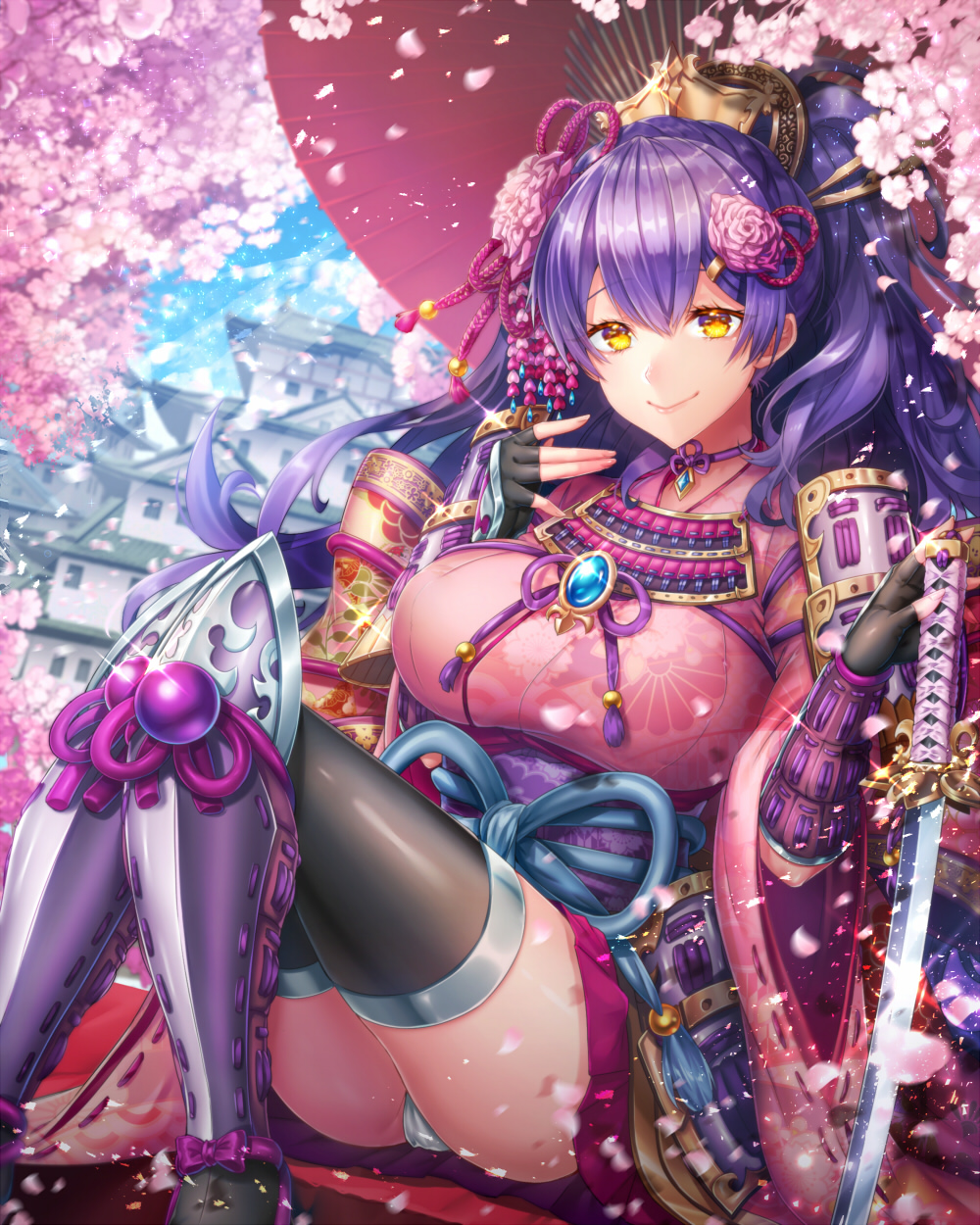 1girl architecture black_gloves black_legwear blue_sky bracer breasts cherry_blossoms day east_asian_architecture fingerless_gloves floral_print flower glint gloves greaves hair_flower hair_ornament hairclip hand_up highres kamuinii katana knees_together_feet_apart large_breasts long_hair original outdoors panties pantyshot pantyshot_(sitting) petals pink_skirt planted_weapon purple_hair sitting skirt sky solo sword thigh-highs underwear very_long_hair weapon yellow_eyes