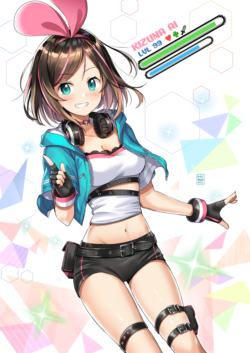 1girl a.i._channel bangs belt_buckle black_belt black_gloves black_shorts blue_jacket blush breasts brown_hair buckle character_name cleavage collarbone commentary_request cross eyebrows_visible_through_hair fingerless_gloves gameplay_mechanics gloves green_eyes grin hair_ribbon headphones headphones_around_neck heart highres hiroki_(hirokiart) hood hood_down hooded_jacket index_finger_raised jacket kizuna_ai looking_at_viewer medium_breasts midriff multicolored_hair navel open_clothes open_jacket pink_hair ribbon shirt short_shorts shorts signature smile solo sparkle streaked_hair sword virtual_youtuber weapon white_shirt