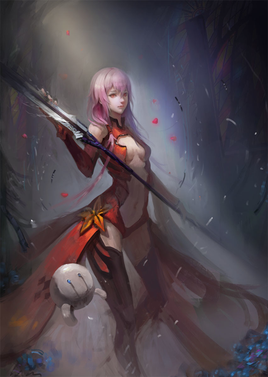 1girl anima_08 bare_shoulders black_legwear breasts center_opening cleavage debris detached_sleeves dress elbow_gloves fingerless_gloves gloves guilty_crown highres holding holding_weapon long_hair navel pink_hair red_dress red_eyes robot stomach twintails void_(guilty_crown) weapon yuzuriha_inori