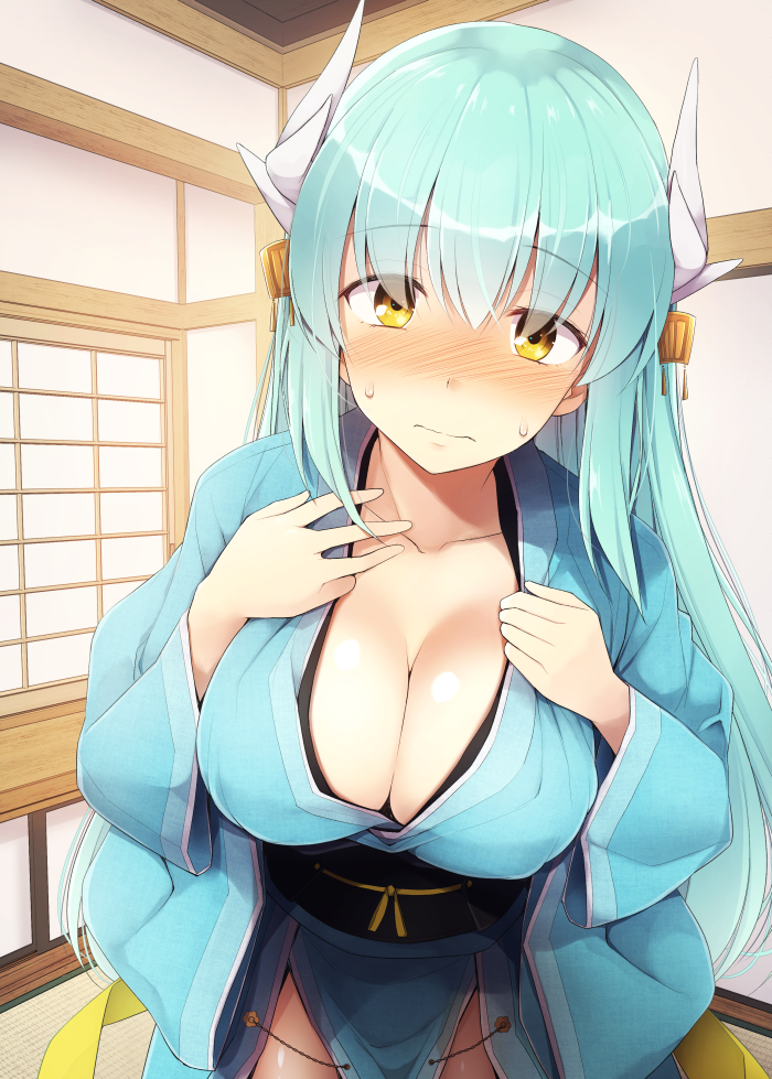 1girl aqua_hair blush breasts cleavage collarbone dragon_girl dragon_horns fate/grand_order fate_(series) horns japanese_clothes kimono kiyohime_(fate/grand_order) kurikara large_breasts long_hair looking_at_viewer solo yellow_eyes