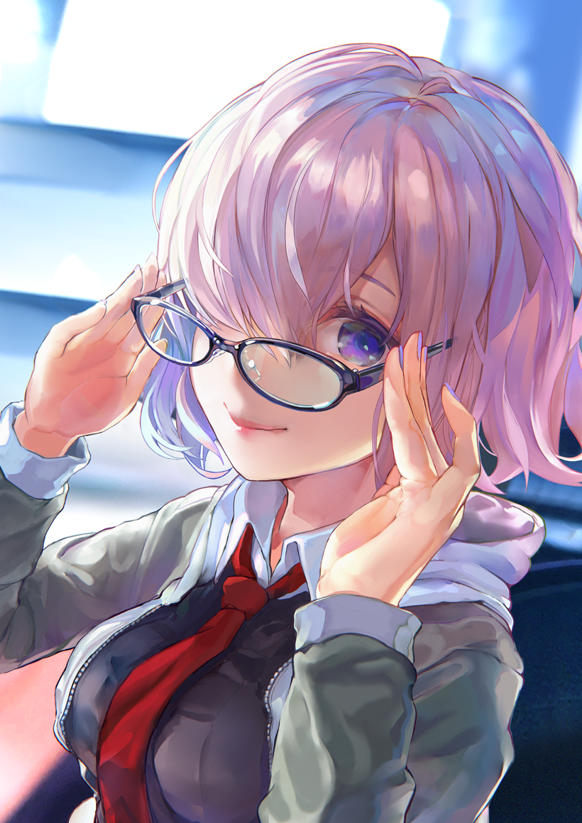adjusting_eyewear black-framed_eyewear blurry blurry_background board_game breasts closed_mouth fate/grand_order fate_(series) glasses go hair_over_one_eye hood hoodie lavender_hair mash_kyrielight nail_polish necktie purple_nails red_neckwear smile tocope violet_eyes