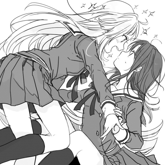 2girls :d ahoge bang_dream! bangs dress face-to-face greyscale hanasakigawa_school_uniform holding_hand ito22oji kneehighs light_blush long_hair long_sleeves monochrome multiple_girls neck_ribbon okusawa_misaki open_mouth ribbon sailor_dress school_uniform smile sparkle sweatdrop tsurumaki_kokoro yuri